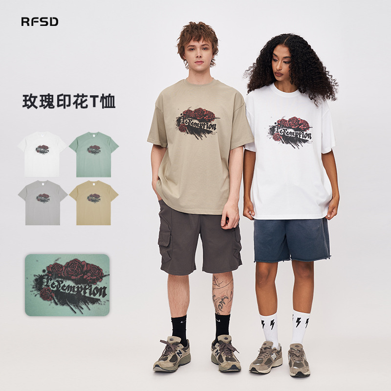 RFSD男装|美式玫瑰印花T恤2025春夏新品宽松潮牌休闲圆领短袖上衣