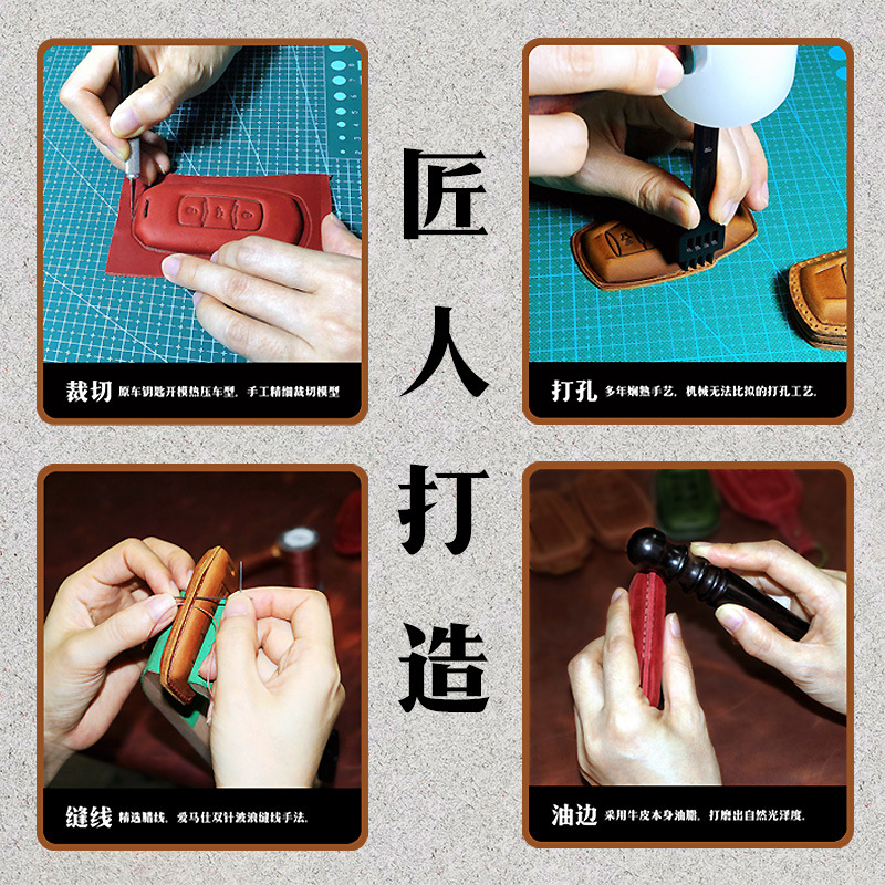 Factory Direct Sales Crazy Horse Leather Car Key Case Tesla Special Key Case Pure Hand-Made Key Case Item Picture