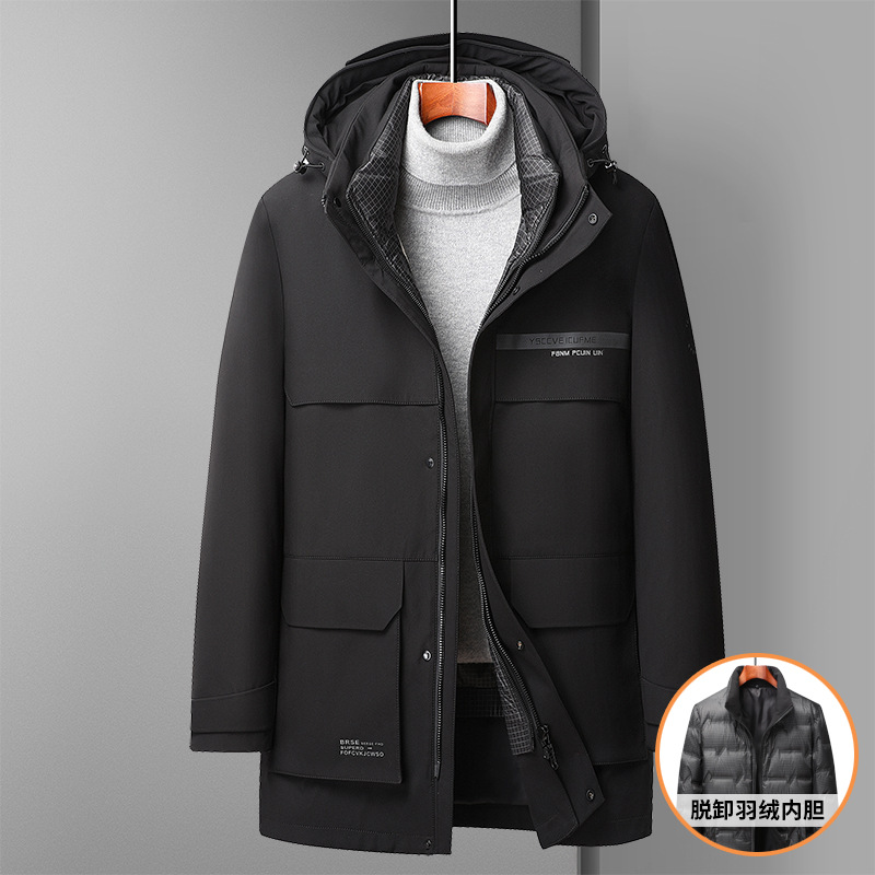 Men's down jacket with detachable inner liner, three-in-one thick casual hooded mid-length down jacket for men's wear