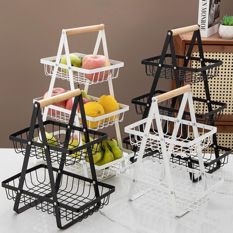 Crossover nuevo estilo de madera cesta de mano de hierro forjado canasta multifuncional de frutas cocina multicapa snack almacenamiento rack wholesale