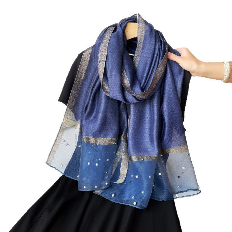 New solid-color pearl silk scarf for women, spring and summer, European and American imitation silk light and thin large shawl, long scarf, cross-border scarf wholesale Item Picture