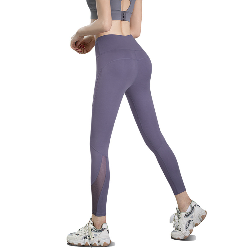 Yoga Pants Women's New European And American Hip Lift Tights Elastic High Waist Mesh Breathable Stitching Sports Peach Fitness Pants Item Picture