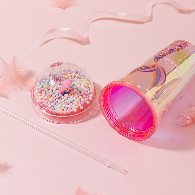Cross-Border Sales Of Double Plastic Straw Cup Creative Cartoon Mermaid Laser Plastic Cup Net Red Micro Landscape Water Cup Specification drawing