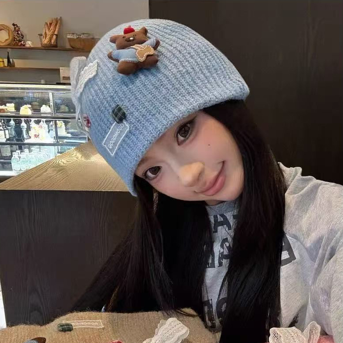 韩系ins蝴蝶结小熊毛线帽女秋冬百搭护耳保暖针织帽子显脸小冷帽详情8