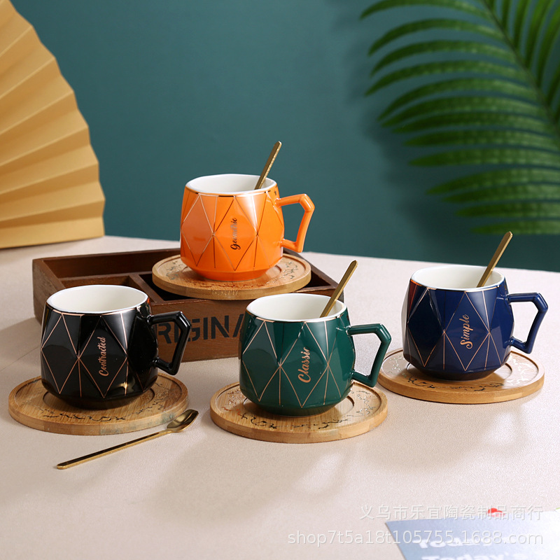 Mug Nordic Fashion Diamond Gold Gold Coffee Cup Wooden Dish Light Luxury Creative Tracing Gold Ceramic Brick Cup With Spoon details Picture