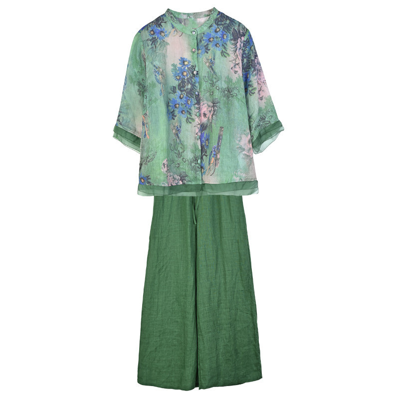 Wide-leg pants set for women, printed ramie shirt top, 2023 new style, retro large-sized cotton and linen pants two-piece set for summer Item Picture