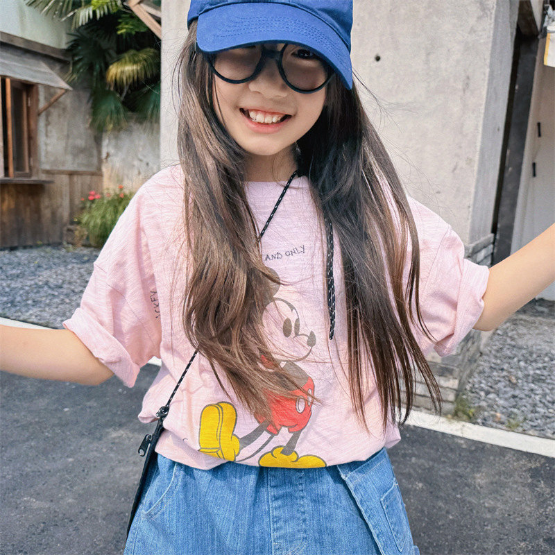 New 2024 Spring/Summer Japanese-style children's embroidered letter cartoon boys' and girls' retro printed short-sleeved T-shirts in three colors