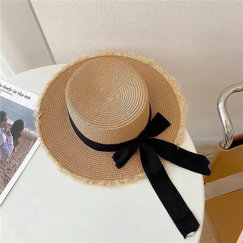Bow Straw Hat Flat Straw Hat Braided Large Brim For Women Summer Vacation Beach Sunshade Hat Specification drawing