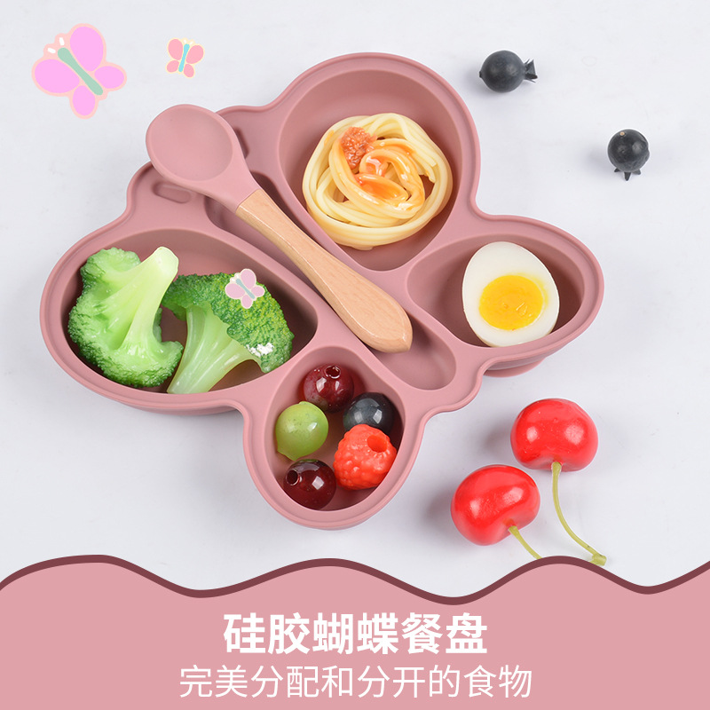 Children's cartoon butterfly compartment silicone dinner plate 2-piece set, complementary food dinner plate, food-grade silicone dinner plate details Picture