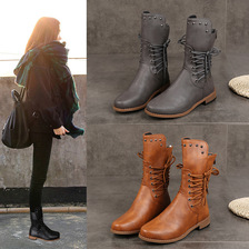 跨境外贸中筒靴女秋冬新款欧美柳钉低跟骑士靴纯色后拉链女式皮靴
