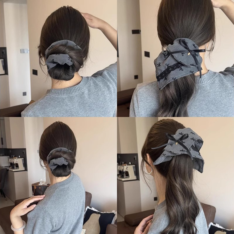 Grey, grey-toned bow, square large intestine hair band, women's hair tie, high-end look, ponytail, bun hair tie, hair accessory