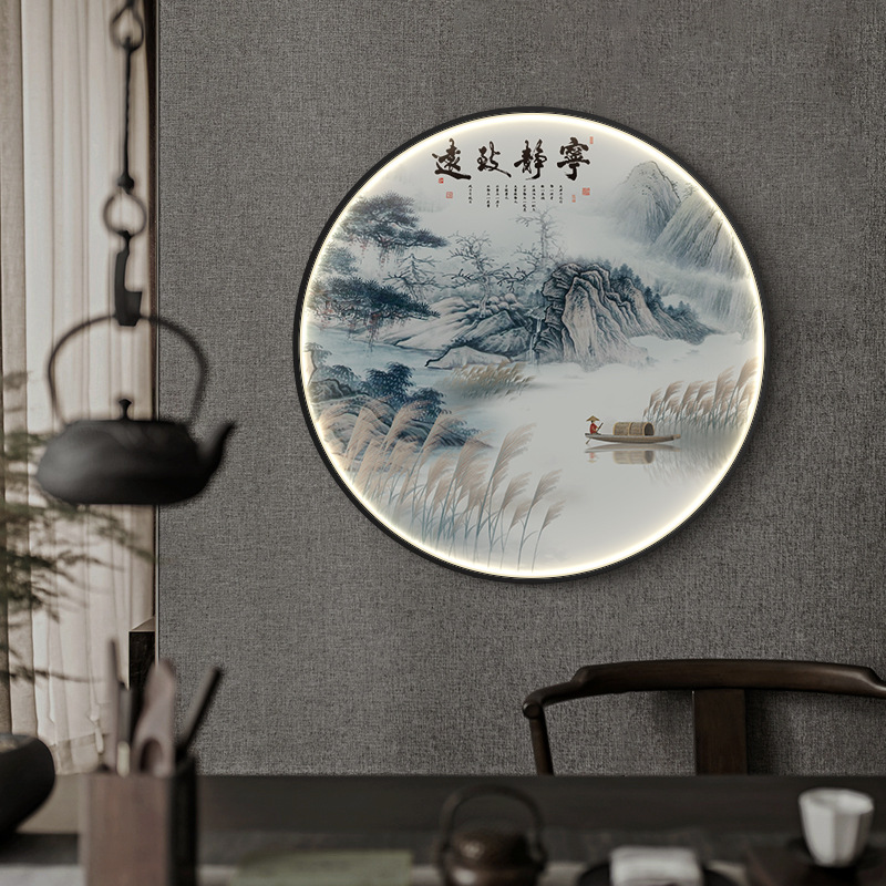 The new Chinese-style ink-wash Zen-inspired landscape circular decorative painting, led light painting, tea room entrance, corridor and corridor hanging painting are grand and imposing Application Scenario