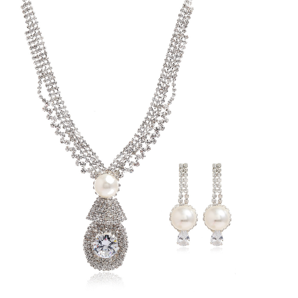European and American zircon bride necklace earring set pearl pendant small design sense of the best clavicle chain Item Picture