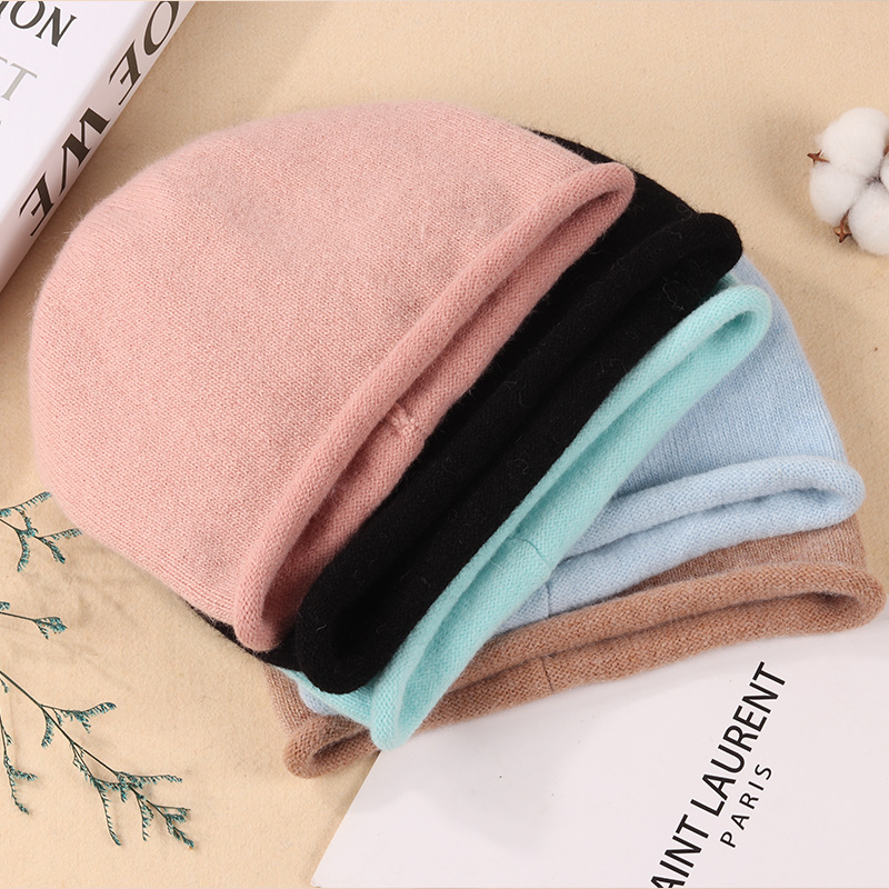 Warm hat autumn and winter warm ear protection new casual rolled-up head hat rabbit wool hat wool knitted hat details Picture