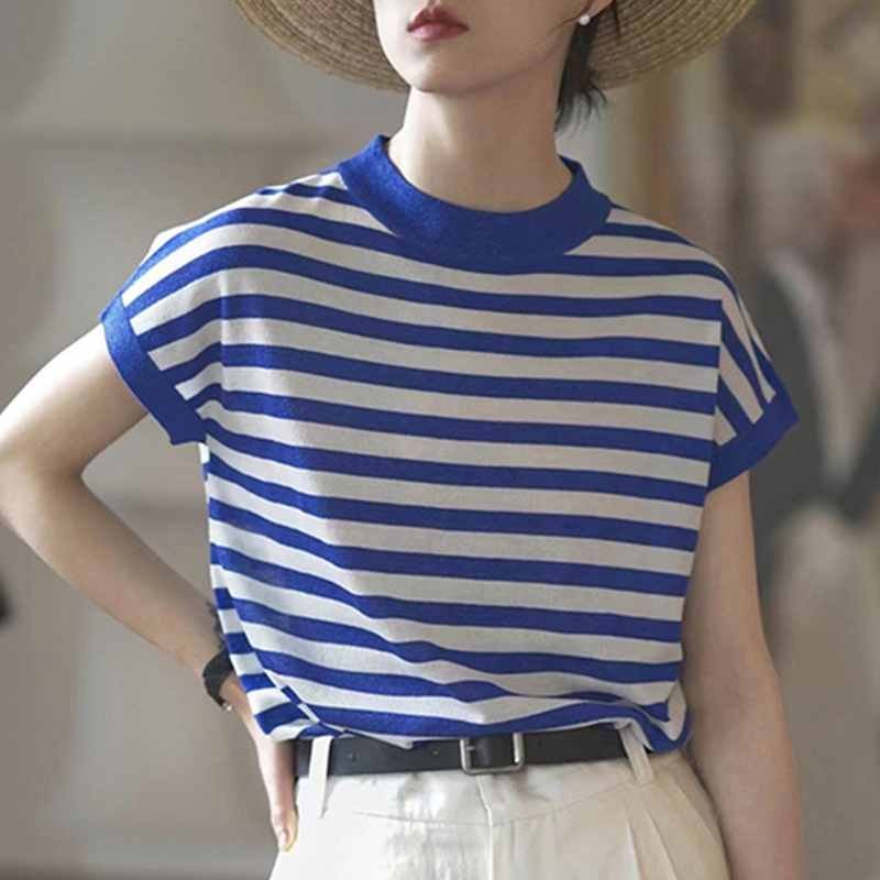 2023夏季跨境女式针织短袖 韩版圆领条纹撞色T恤全棉薄款上衣批发