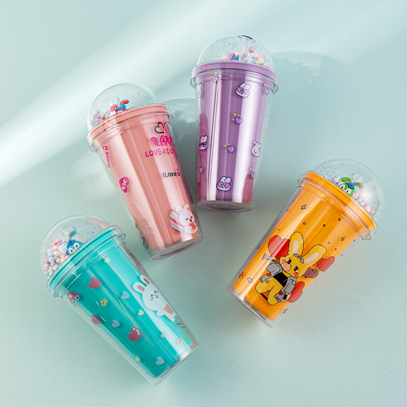 Cross-Border New Net Red Rabbit Cup High Appearance Level Cartoon Children's Milk Tea Straw Cup Double Plastic Water Cup Landscape Cup details Picture