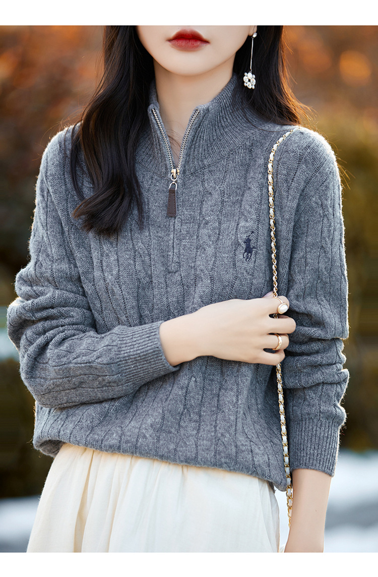 秋冬麻花针织衫女半开领拉链保罗慵懒宽松套头毛衣显瘦上衣打底衫详情26