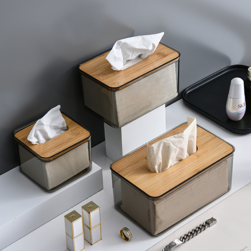 简约透明竹木纸巾盒家用抽纸盒创意餐巾纸收纳盒跨境广告logo批发