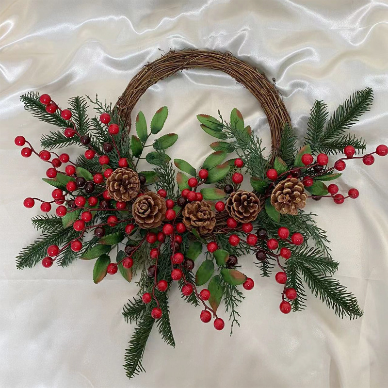 Cross-Border Amazon New Rattan Ring Cuttings Pe Ornaments Pine Cones Red Fruit Wall Hanging Door Hanging Christmas Wreath details Picture