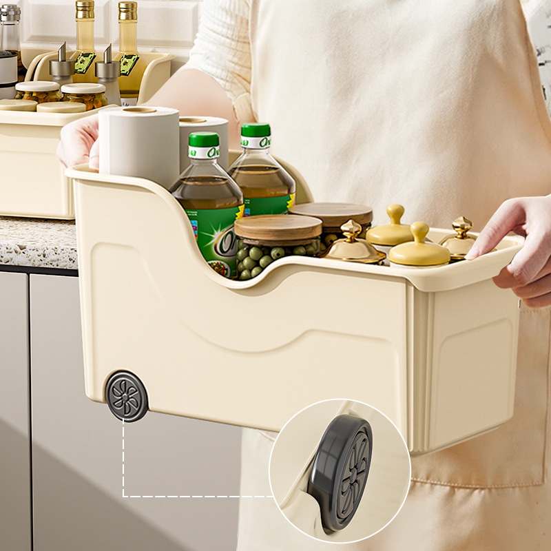 Household kitchen pot storage box with pulley pot lid storage shelf seasoning debris extended storage basket desktop storage full figure