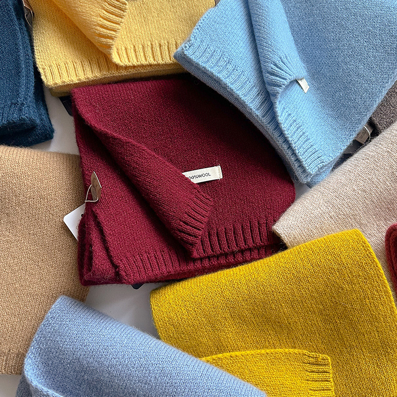 100%澳洲绵羊毛小围巾女冬季纯色针织围巾韩版加厚保暖围脖护颈