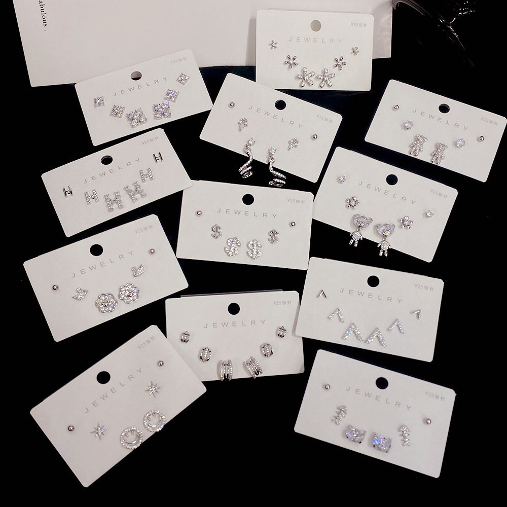 潮女个性套装组合3对装小耳钉耳环银色925银针锆石耳饰