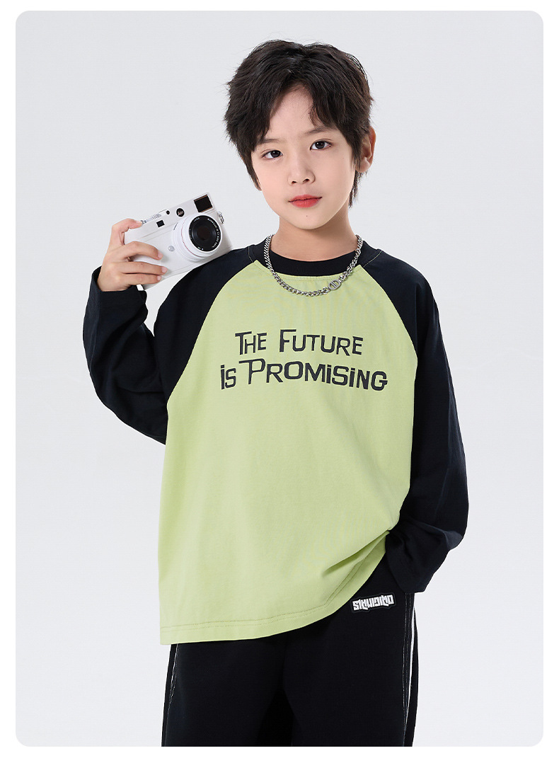 儿童秋装纯棉T恤2025新款中大童男童插肩袖圆领长袖上衣打底衫潮详情6