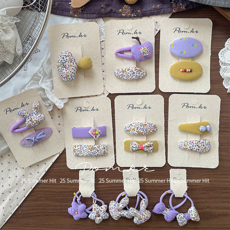 New Korean-style bow floral hair clips for children, purple broken bangs clips, rabbit print elastic hair bands for women