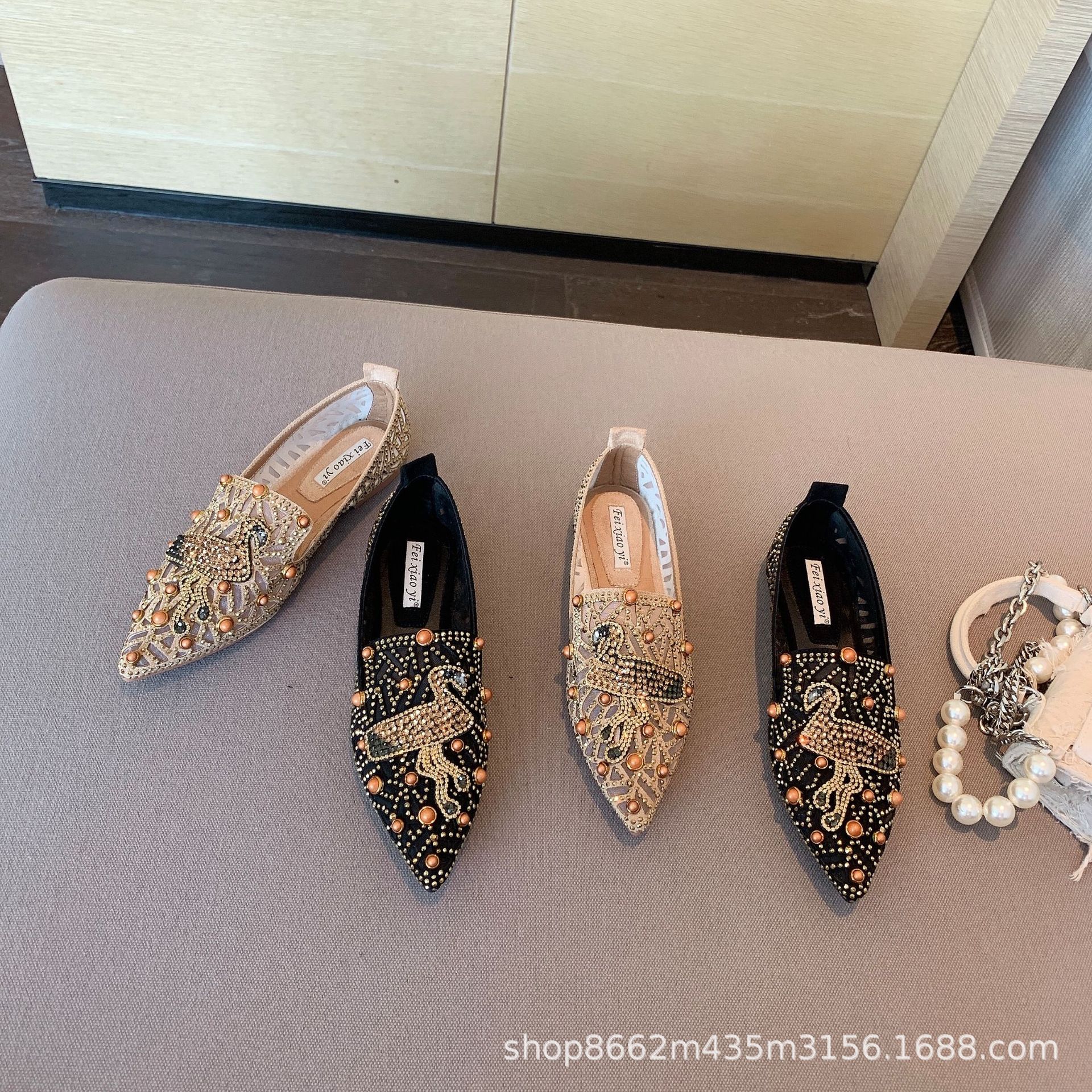 春季新款潮欧美时尚水钻百搭平底尖头深口韩版单鞋 外贸大码女鞋