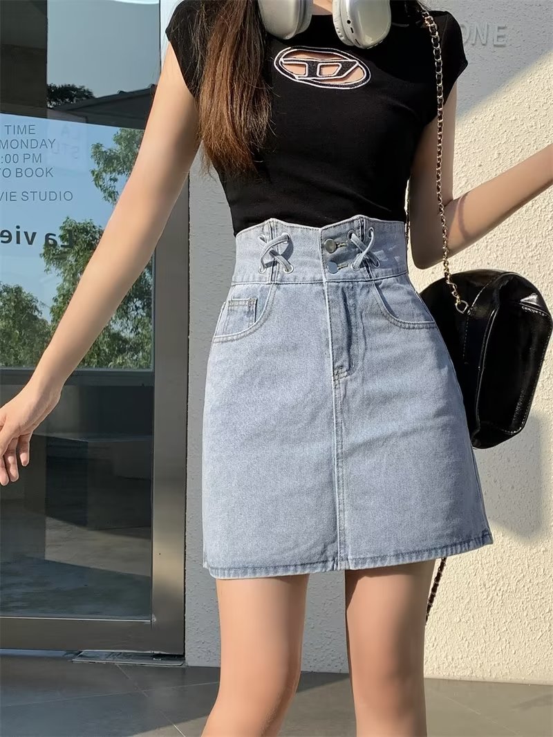 2023 Summer Korean Instagram-themed high-waisted denim short skirt for women to look slimmer, A-line student all-purpose body-hugging skirt details Picture
