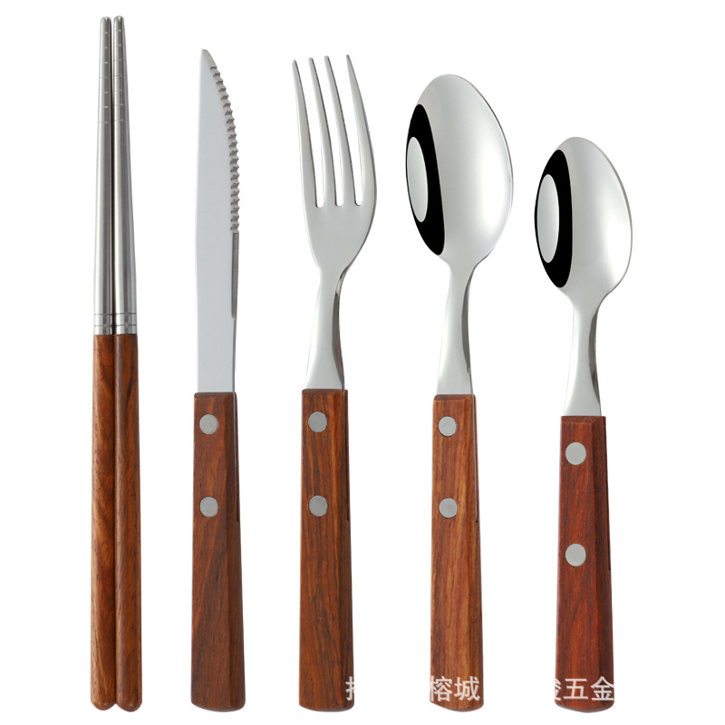 Wholesale 304 Stainless Steel Knife And Fork Spoon Japanese Rosewood Handle Western Tableware Set Steak Knife And Fork Wooden Chopsticks Item Picture
