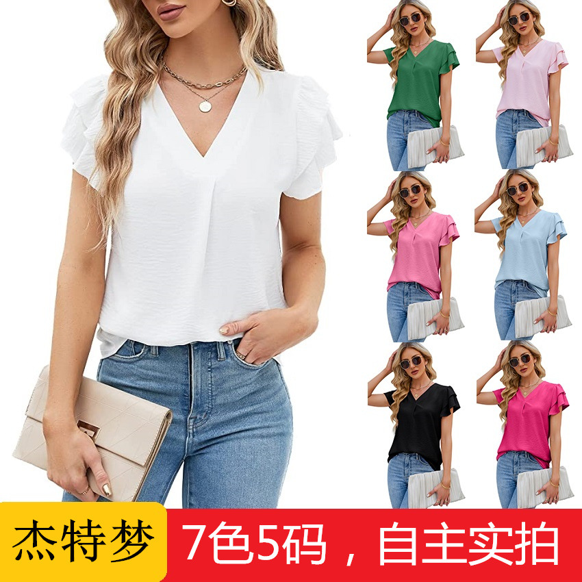 Cross-Border Europe And The United States Women's 2023 Summer New Amazon Women's V-Neck Chiffon Ruffled Shirt Short-Sleeved Top