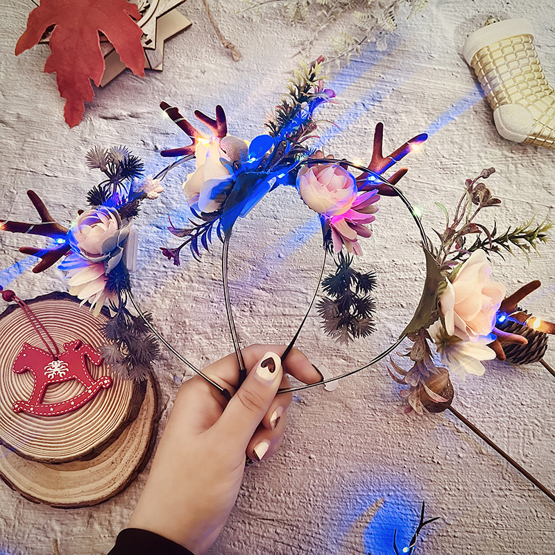 Factory direct supply of creative and cute little antler fabric flower decorations, girlish style, European and American Christmas LED light headbands