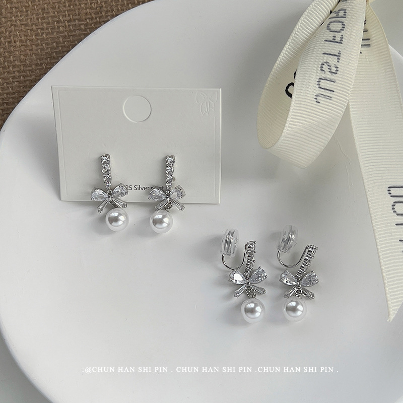 蝴蝶结珍珠无耳洞耳夹气质爆款小众设计感耳环可爱风时尚工厂耳饰