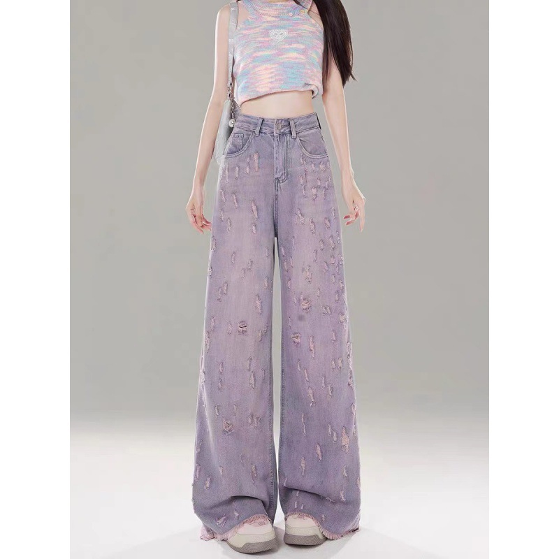 Pink and purple high-waisted wide-leg jeans for women, a new summer 2024 style of floor-length pants with ripped edges and a drape details Picture