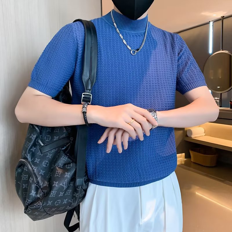 Semi-high-neck short-sleeved sweater for men, spring and autumn knitted sweater, new casual men's base layer, slimming half-sleeved long Johns, solid color Specification image