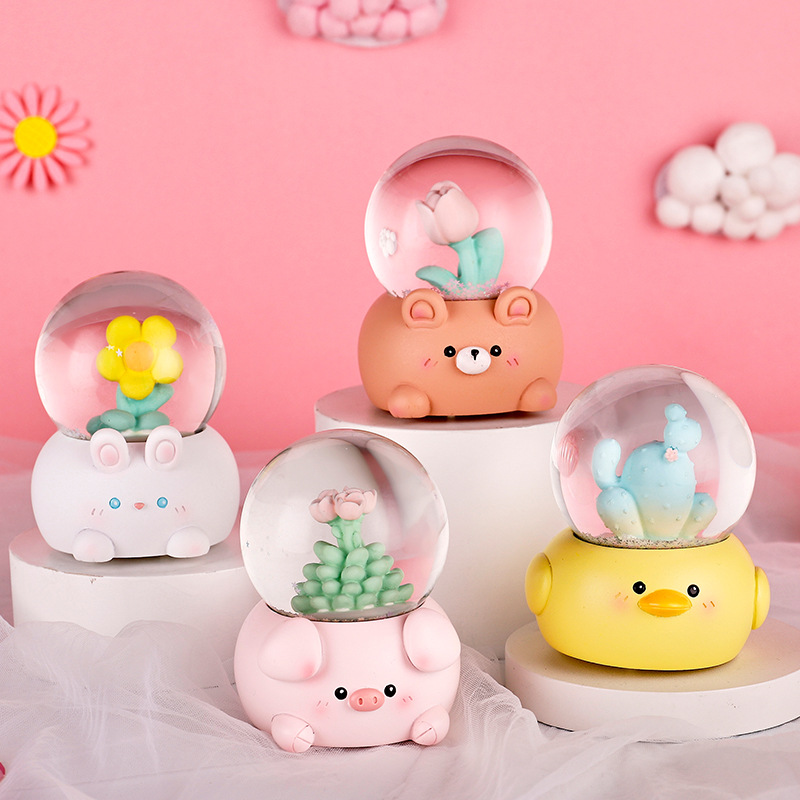 创意卡通盆栽水晶球树脂摆件发光发亮玻璃球微景观水球儿童礼品