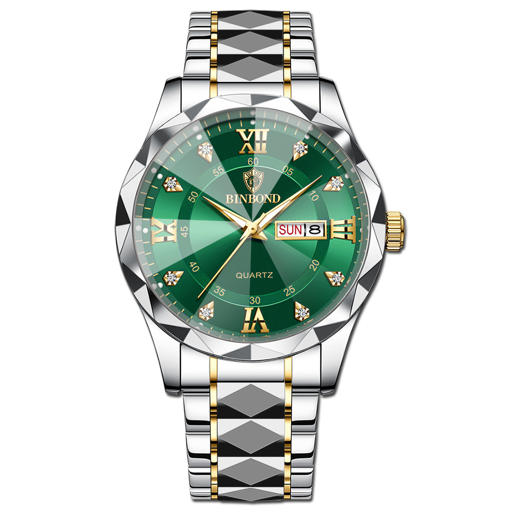 Binbang's new genuine men's watch, calendar day, luminous, waterproof, fashionable diamond-shaped mirror quartz wristwatch Specification image