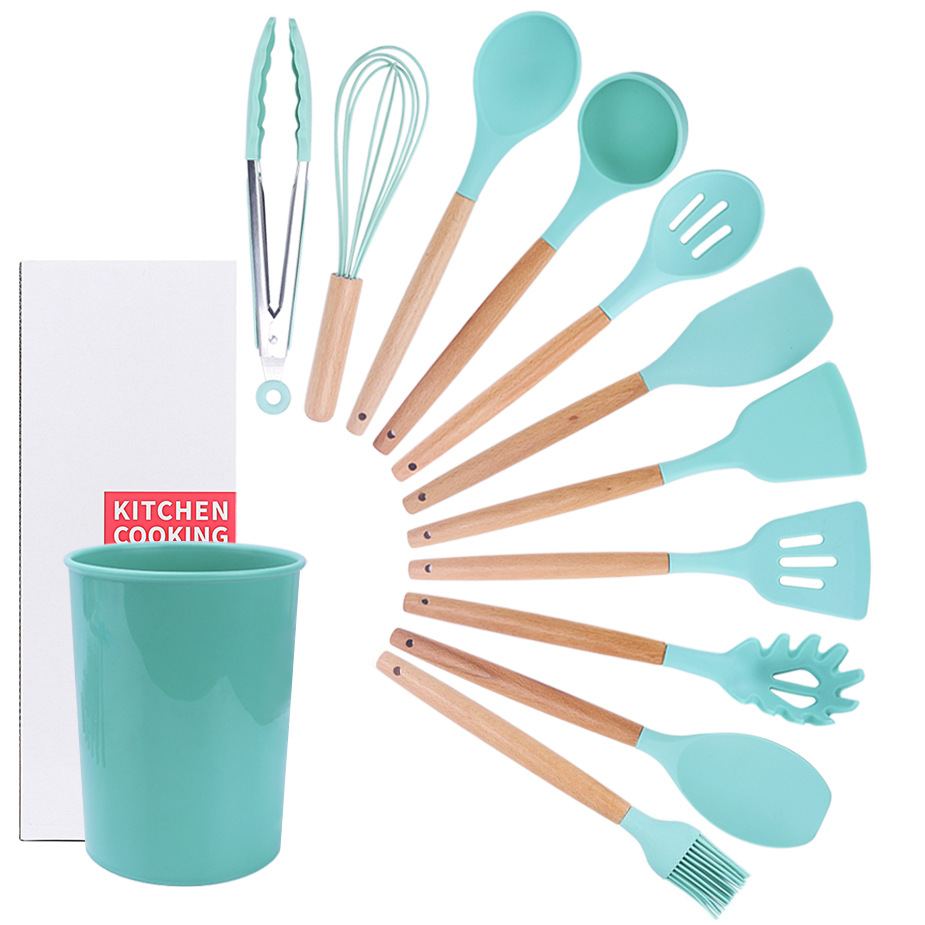 Cross-Border Stock Wooden Handle Silicone Kitchenware 11 Sets Of Non-Stick Cooking Wooden Handle Silicone Kitchenware 11 Sets Specification drawing