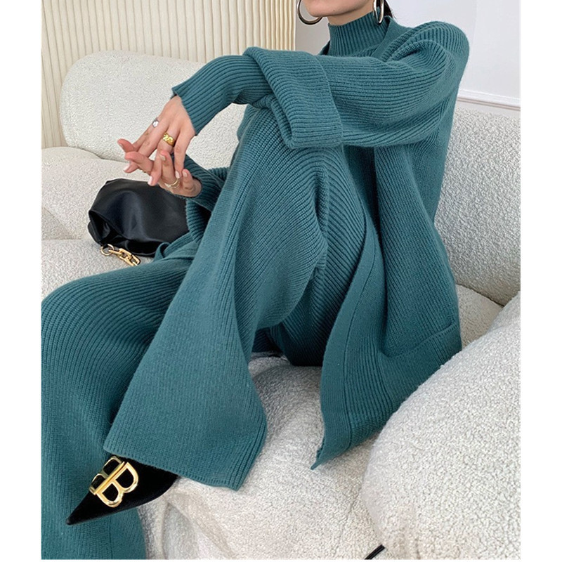 Autumn and winter Korean-style women's knitted sweater fashionable set, mid-length loose and laid-back style cardigan wide-leg pants three-piece set details Picture