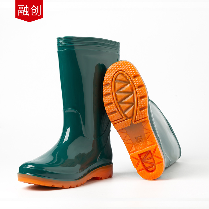 雨靴女中筒蓝色PVC橡胶厨房防滑雨鞋成人户外休闲防水鞋批发