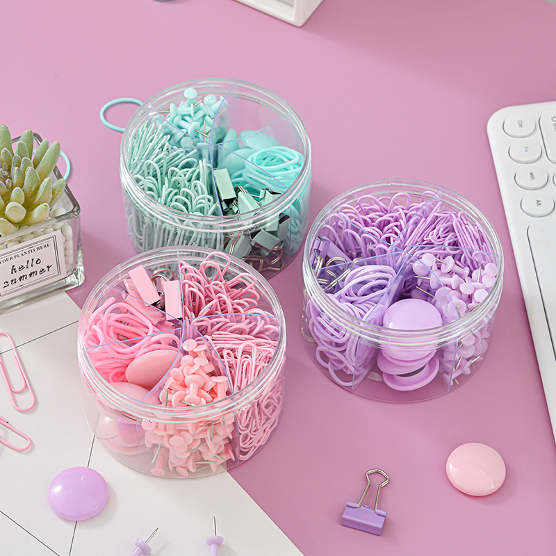 Macaron-colored paper clip and rubber band office set, 6-compartment bucket, drawing pin, long tail clip, multi-specification storage set