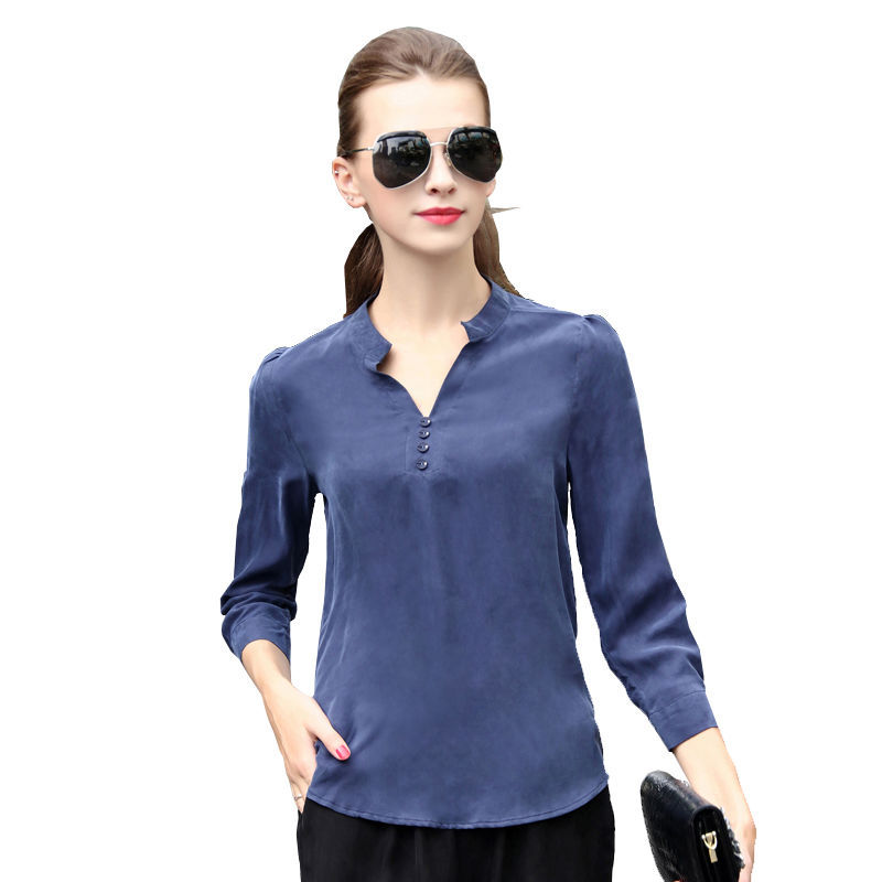 Copper Ammonia Silk Top Heavy Female Silkworm Shirt Female Seven-Point Sleeve V-Neck Summer New Loose Large Size Silk T-Shirt Item Picture