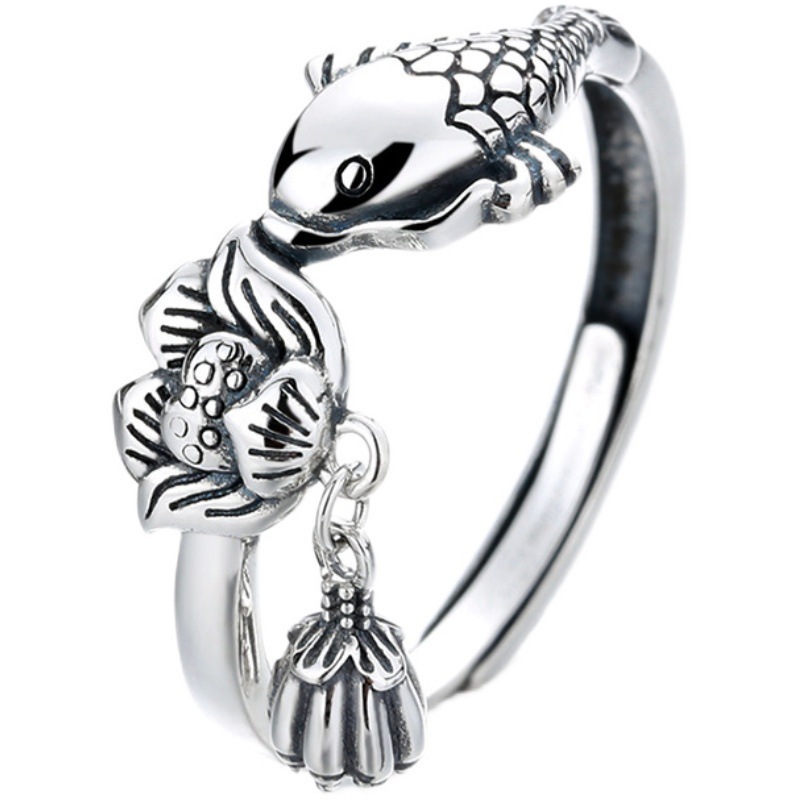 Silver-plated wealth-attracting lotus pod small koi fish ring, with an abundance every year, retro small fish lotus flower lotus pod ring opening Item Picture