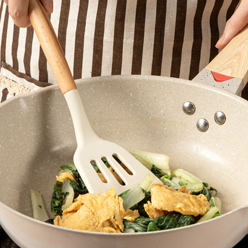 Off-The-Shelf Wooden Handle Silicone Kitchenware Three-Piece Soup Spoon Spatula Kitchenware Set Non-Stick Steak Frying Spatula Kitchen Utensils Specification drawing