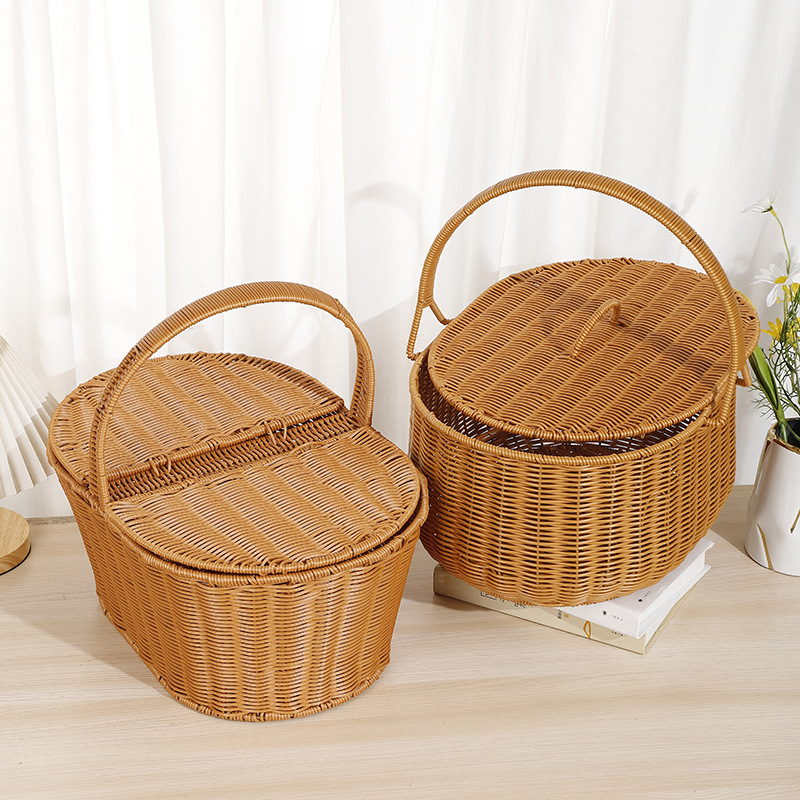 Flower basket, hand-held plastic rattan imitation rattan woven flower arrangement, waterproof hand-woven, hand-held festival souvenir basket, flower blue