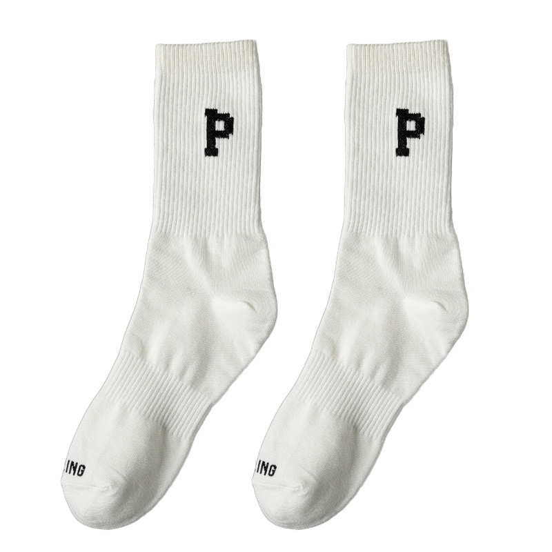 Women's mid-calf socks with p letters, trendy ins grey high-top men's sports long calf socks, pure cotton autumn and winter internet-famous style Item Picture