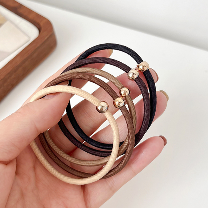 Korean Version Of The Basic Hair Circle Milk Coffee Color Thin Leather Band High Elastic Durable Small Bead Head Rope Simple Tie Hair Rope Specification drawing