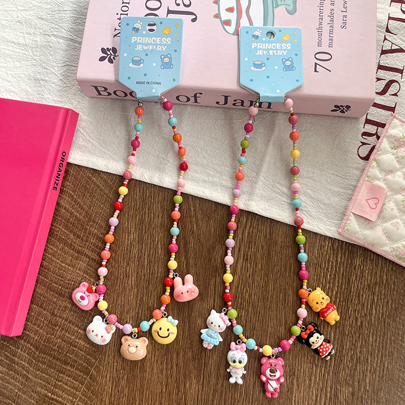 New cute Cartoon Princess doll resin beaded necklace, children's fashionable and versatile colorful beaded pendant accessory Specification image
