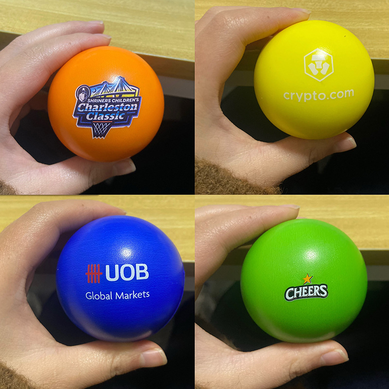 Cross-border best-selling 63mm full-printed smooth PU foam pressure ball with LOGO printing, children's sports toy elastic ball Application Scenario